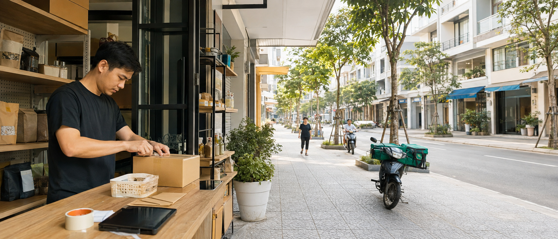Người bán hàng đóng đơn tại cửa hàng nhỏ trên phố Việt Nam